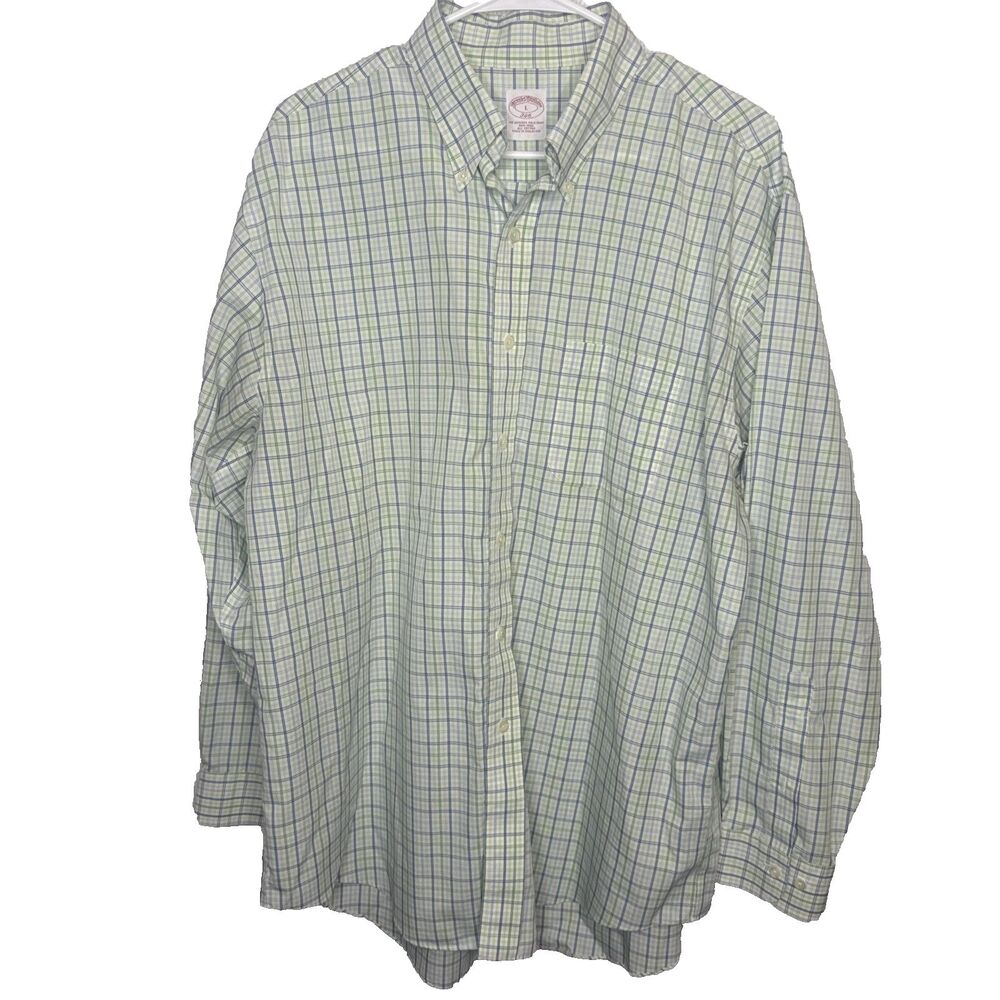 Brooks Brothers Mens L Shirt Green Plaid Cotton Button Down Preppy Classic Long